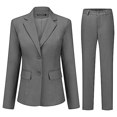 YUNCLOS Women's 2 Pieces Office Suit Set Long Sleeve Blazer Jacket and Suit Pants, M Dark Gray Cover