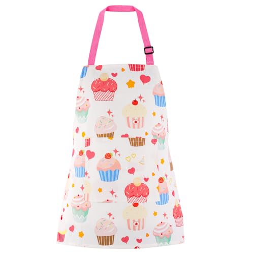 KIMMAX Kinderschürze 100% Baumwolle Universal-Schürze mit Taschen für Kinder Kleinkinder passend für Kochen Backen Malen Basteln und Party (Pink Sweet Cake, Small)