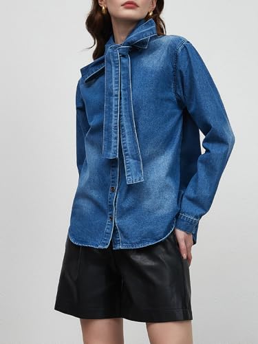 Women's Bow Tie Denim Shacket Jacket Button Down Long Sleeve Jean Shirt Tops3