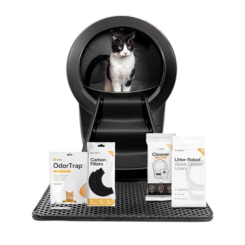 Litter-Robot 4 Supply & Accessory Bundle by Whisker, Black- Automatic Self-Cleaning Cat Litter Box, Includes Litter-Robot 4, Ramp, Mat, 3 OdorTrap Packs, 10 Liners, 30 Wipes, & 2 Carbon Filters