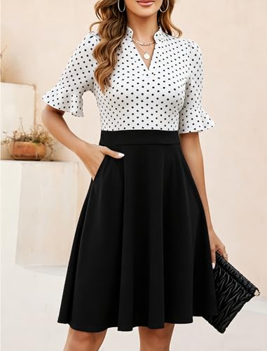 Image of Mokayee Womens Summer V Neck Ruffle Short Sleeve Fit and Flare Knee Length Church Wedding Guest Dresses with Pockets