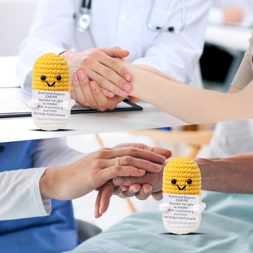 Image of Positive Crochet Pill Yellow Capsule Knitted with Inspirational Card,CNA Week Nurse Appreciation Keepsake for Women Pharmacist Doctor RN LPN Office Decor Party Favor