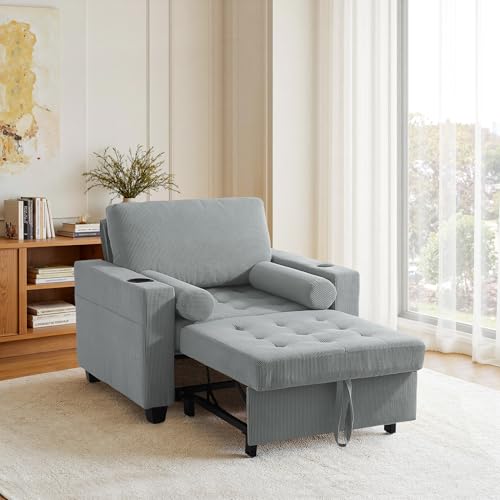 Image of 3-in-1 Sleeper Chair Pull Out Sofa Bed, Convertible Reclining Seat Upholstered Armchair, Adjustable Backrest Recliner Chair with Side Pockets, Cup Holder & USB Ports - Gray