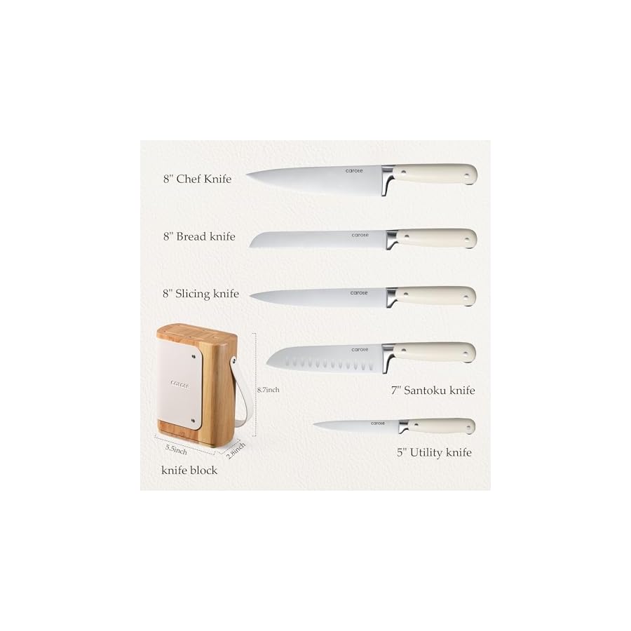 CAROTE-6PCS-Knife-Set-for-Kitchen-with-Block-Stainless-Steel-Blade-for-Precise-Cutting-Razor-SharpEssential-Knife-SetWhite CAROTE 6PCS Knife Set for Kitchen with Block, Stainless Steel Blade for Precise Cutting, Razor-Sharp,Essential Knife Set,White