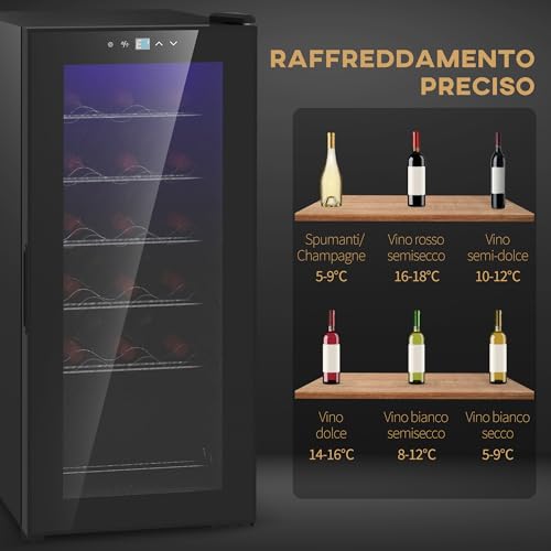 HOMCOM Cantinetta Vino Refrigerata per 18 Bottiglie, Cantina Frigo Vino Anti-UV a Zona Singola con Temperatura Controllata 5-18°, Display Touch, Luci LED, Ripiani Regolabili, Porta Vetro, 34.5x45x78cm - immagine 6