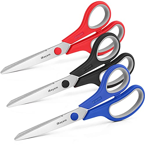 Image of iBayam 8.5 inch Household Scissors All Purpose 3 Pack, Red Black Blue Scissors | Ultra Sharp 2.5mm Thick Blade Shears Comfort-Grip for Office Desk Sewing Fabric Home Craft School Supplies, Right /Left Handed
