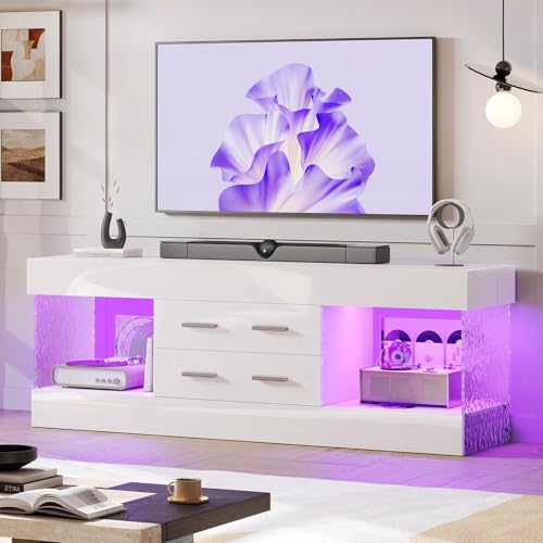 Image of Bestier Modern TV Stand for 65 Inch TV, White Entertainment Center | High Gloss White Finish, Stone Pattern Panels, LED Lights, 2 Large Storage Drawer, Living Room Media Console