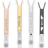 Personalized Vertical Bar Necklace for Women 4 Sides Engraved Secret Message Slide Bar Necklace Custom 18K Gold Plated ,Name Necklace 925 Sterling Silver Customized Jewelry Christmas Gifts for Mom
