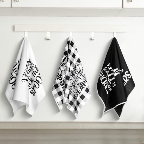 Image of Bencailor 6 Pcs Black White Plaid Kitchen Towels Decorative Sets Dish Towels Absorbent Fast Drying Hand Tea Vintage Hanging Reusable Cleaning Dishcloths for Cooking Farmhouse Bathroom Accessory