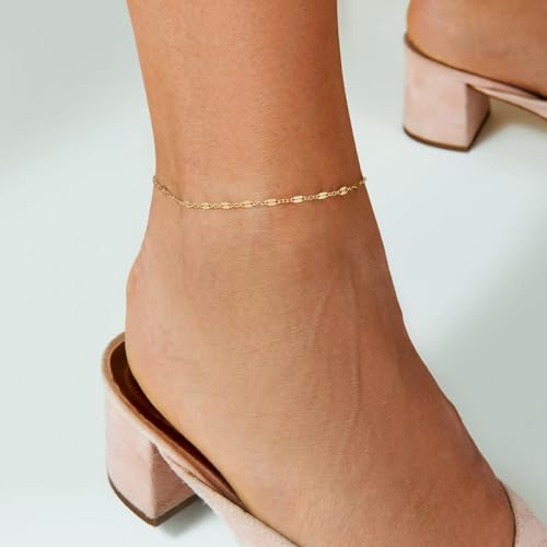 Dainty Ankle Bracelets for Women 18K Gold Plated Satellite Beaded Herringbone Chain Anklets Simple Lip Chain Anklet Minimalist Summer Beach Foot Jewelry Christmas3