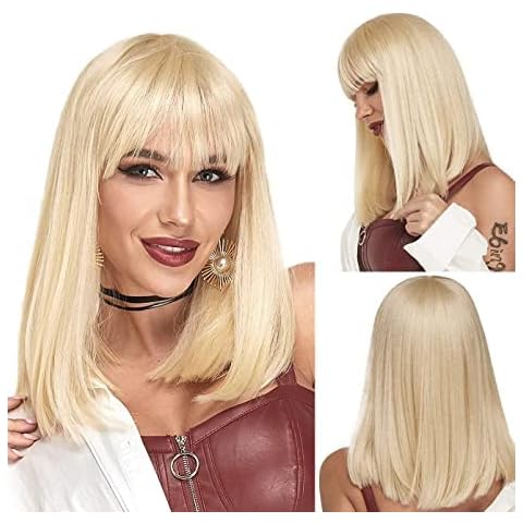 Ebingoo 14 Inches Blonde Short Bob Wig with Bangs Short Straight Platinum 613 Blonde Wig for Women Blonde Hair Synthetic Wig for Daily Wear Party Cover