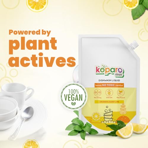 Image of Koparo Organic Dishwash Liquid | 2 Litres Refill Pack | Powerful Grease Cutting Dishwasher Liquid | Thick Foam Liquid Dishwash for Kitchen Utensils | Baby & Pet Safe | Orange & Sweet Lime Fragrance