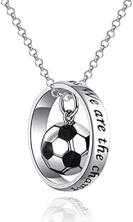 925 Sterling Silver 3D Football & Ring Pendant Necklace for Women Men - Soccer Ball Charm Ring Necklaces for Boys Girls We Are The Champions Theme Gifts Jewelry