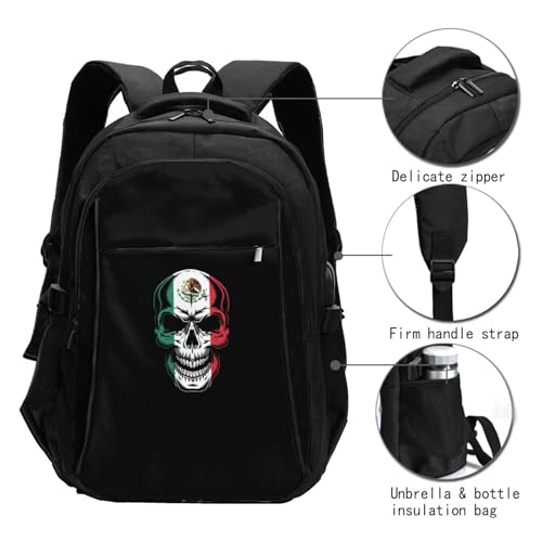 Skull Flag Of Mexico Travel Backpack, Extra Large 50L Laptop Backpacks for Men Women, College Backpacks Work Bag with USB Charging Port Fits 17 Inch Computer, Black4