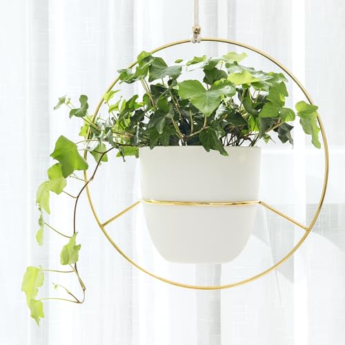 Mkono Boho Metal Hanging Planter with Plastic Pots, Set of 2 , Modern Mid Century Flower Pot Plant Holder in Diamond and Circle Shape, Fits 6 Inch , Gold - Image 5