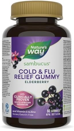 Nature's Way Sambucus Cold and Flu Relief Original Elderberry Gummies – Used in Herbal Medicine to Help Relieve Symptoms (Cough, Runny Nose and Sore Throat) in Adults, 60 Gummies