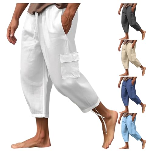 Mens 3/4 Pants Loose Elastic Waisted Lightweight Lounge Pant Drawstring Beach Summer Yoga Hippie Capri Slacks Pockets3