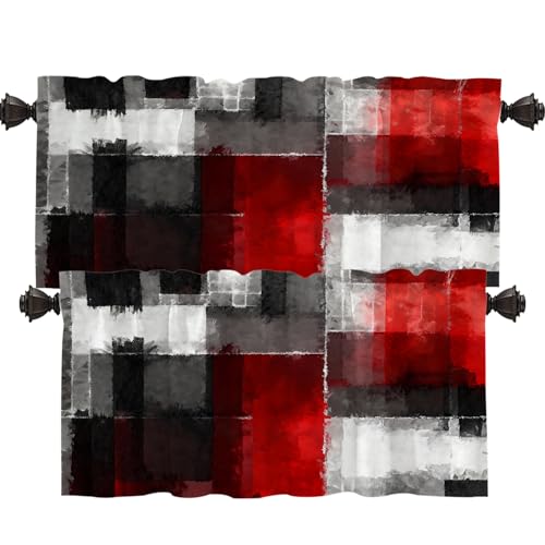 Shrahala Brown Gray Modern Art Kitchen Valances, Black Red Colorful Contemporary Artwork Half Window Curtain Window Treatment Multilayer Polyester Blackout for Living Room Bathroom 2 Pack 52 x 18 in