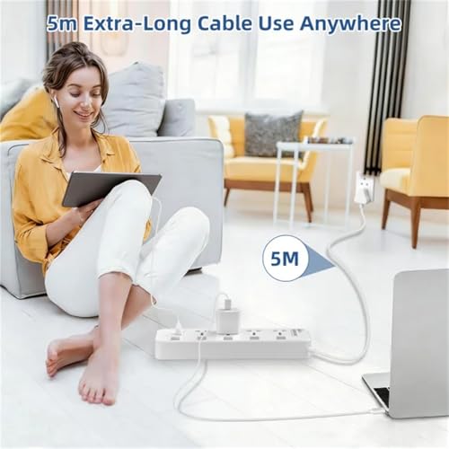 Image of Hoteon Extension Board with USB Slots, 2500W /10A Individual Switch Power Strip, 4 Way Outlets 2 Type C & 2 USB A Ports, Universal Spike Guard Sockets with Safety Shutter, 5Mtr Cable (3 Pin White)