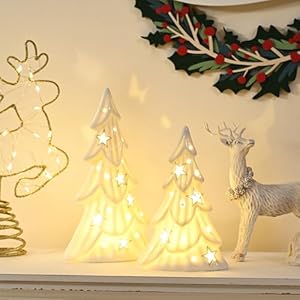 Ceramic White Christmas Trees with Lights 2Pcs Light Up Tabletop Porcelain Christmas Tree Glossy Hollow Carved Small Xmas Tree Figurines for Modern Home Decoration DIY Winter Village