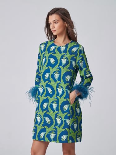 Image of D-Sun Women Feather Dress 3 /4 Feather Sleeves Mini Dress | Round Neck,Elegant Party Dress, Wedding Guest Cocktail Dresses with Pocket