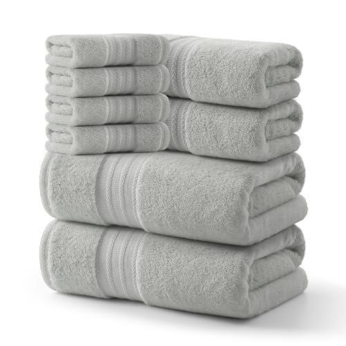 REDKISS 8 Piece Grey Towels Set - 100% Cotton Towels Set with 2 Large Bath Towels, 2 Hand, 4 Washcloths, 600 GSM Highly Absorbent Bath Towel Sets, Gray Quick Dry Shower Towel for Family Gym