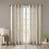 TREATLIFE HOME Fretwork Print Grommet Top Window Curtain Panel, Opaque with Basket Weave Texture, 50 x 108 Inch, Soft Grey and Beige