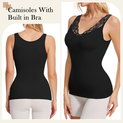 ciksob Shapewear Camisoles Tops With Built in Bra Tummy Control Compression V Neck Tanks Top for Women Slimming Lace Cami Body Shaper Black S - image 7