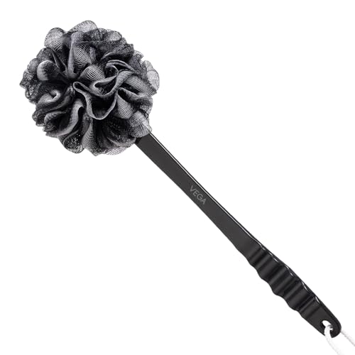 Image of Vega Luxury Black Bath Brush with Long Handle | Ultra Soft & Firm Bristles | Body Scrubber for Dead Skin Removal, Back & Full Body Cleaning | Exfoliating Back Bath Brush for Men & Women (BA-1 /8)