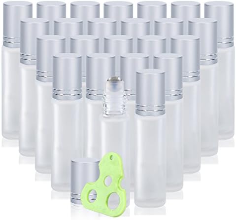 Olilia Frosted Glass Roller Bottles for Essential Oils, 24 Pack Bottles 10 ml Metal Roller Balls, Essential Oils Opener Key Tool