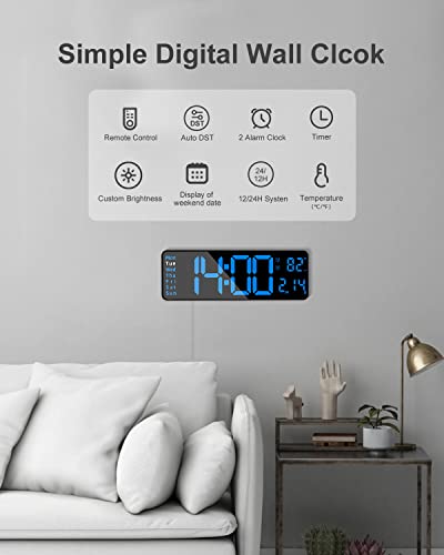 Image of JoFomp Digital Alarm Clock for Bedroom - Large 13 Inch LED Display, Remote Control, Automatic Brightness, Daylight Saving Time, Temperature, Timer, Date, Week - 12 /24H (Blue)