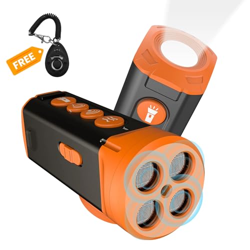 Dog Bark Deterrent Device – Ultrasonic Anti Bark Trainer with 4X Speakers, LED Flashlight & Clicker – Handheld Bark Control for Dogs – Rechargeable & Weatherproof – Orange/Black