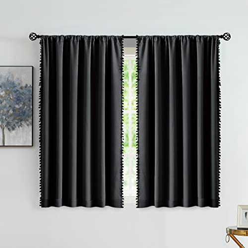 Image of Treatmentex Pom Pom Blackout Curtains Black 45 inch Half Window Curtain Set for Small Window Basement Laundry Short Drapes 2Panels Rod Pocket