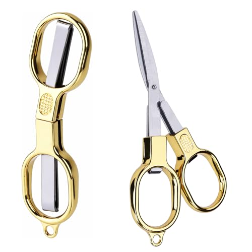 2pcs Mini Folding Scissors, Stainless Steel Small Foldable Cutter Pocket Badge Reel Scissors for Safety Portable Keychain Travel Home Office Craft Sewing Nurse Accessories (Gold)