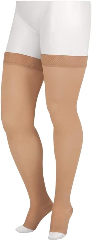 Juzo Soft 2001 Thigh-High, 20-30 mmHg, Open Toe Compression Stocking with Silicone Top Band for Men & Women, Short, 3 (III), Beige