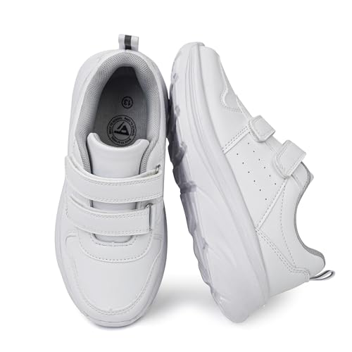 JABASIC Kids Double Hook and Loop School Uniform Sneakers Non-Slip Comfort Shoes for Boys Girls (12,White)