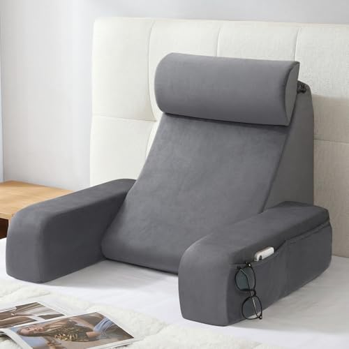 Image of ENITYA 19" Back Support Pillow,Reading Pillow with Attached Arms & Large Pockets, Removable Washable Cover, Wedge for Sitting,Reclining,Watching TV,Post Surgery in Bed,Couch or Floor,Medium Firm,Grey