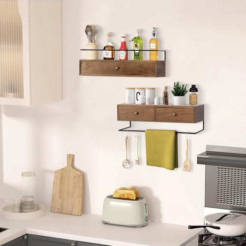 Floating Shelves for Wall Storage, Wall Mounted Bathroom Shelf with Drawers Set of 2, Rustic Wood Floating Drawers for Living Room, Kitchen, Home Decor, Plants, Books