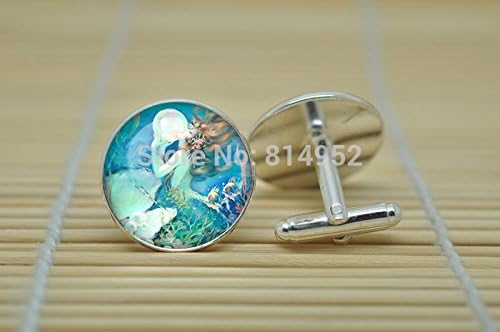 Pretty Lee Mermaid Jewelry Cufflinks Vintage Style Henry O'Hara Clive Cufflinks In Silver Glass Cabochon Cuff Links C0002