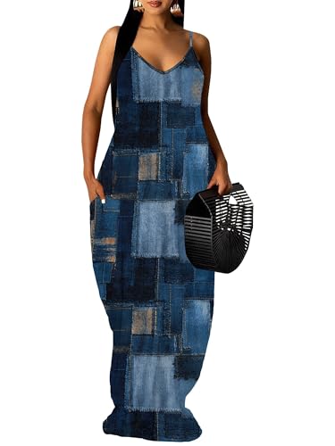 Image of Women's Summer Maxi Dress Spaghetti Strap Floral Boho Beach Long Sundress with Pockets