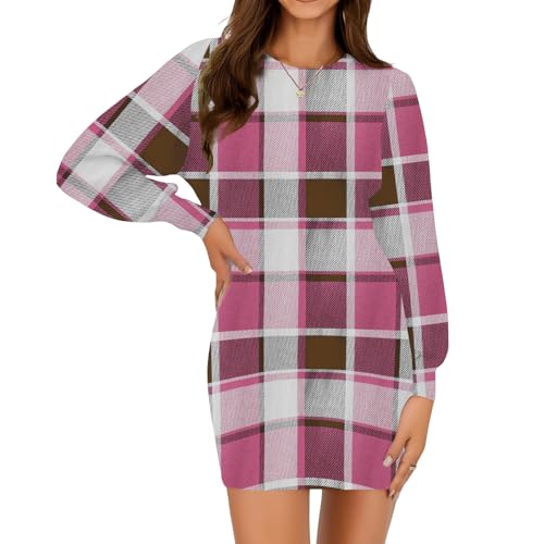 Women's Round Neck Comfortable Short Dress Printed Slim Fit Fall Dresses Long Sleeve Fashion Casual Tunic Dress