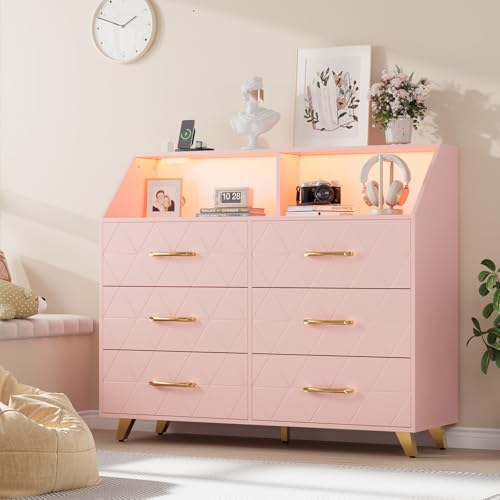 GAOMON 6 Drawer Dresser with LED Light and Charging Station, Modern Pink Dresser for Bedroom with Open Shelves & Gold Handles, Wooden Chest of Drawers