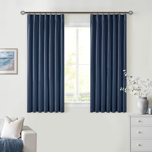 Navy Blue Pinch Pleat 100% Blackout Linen Curtains 2 Layers 45 Inch Long