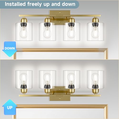 Image of Modern Brushed Gold 4 Light Bathroom Light Fixtures, 24 inch Vanity Lights for Bathroom with Clear Glass, Bathroom Vanity Light for Mirror Kitchen Living Room Hallway Cabinet Porch