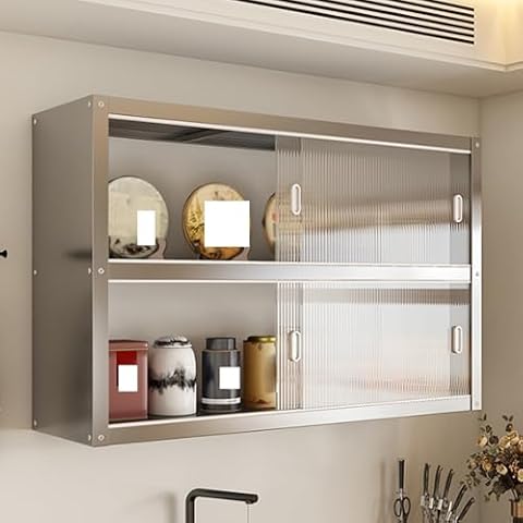 Single and double-layer household kitchen storage rack,stainless steel wall-mounted hanging shelf,wall cabinet,suspended with sliding doors(100 * 35 * 70cm/39.4 * 13.8 * 27.6in)