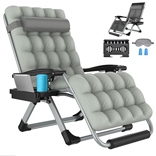 Slendor Oversized Padded Zero Gravity Chair Xxl, 33Inch Zero Gravity Recliner, Folding Reclining Lounge Chair,Indoor Outdoor Patio Chairs With Pillow, Cushion, Footrest,Cup Tray, Support 500Lbs, Grey #TOP7