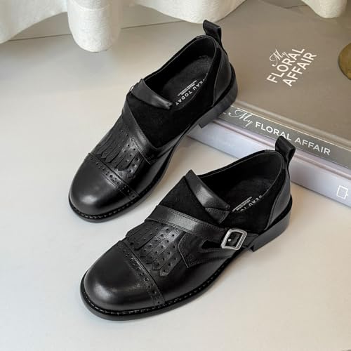 Image of BEAU TODAY Women's Leather Loafers, Wingtip Brogue Monk Strap Shoes | Genuine Leather, Round Toe, Low Heel, Metal Buckle, Non-Slip, Comfortable Business Casual Flats for Work and School