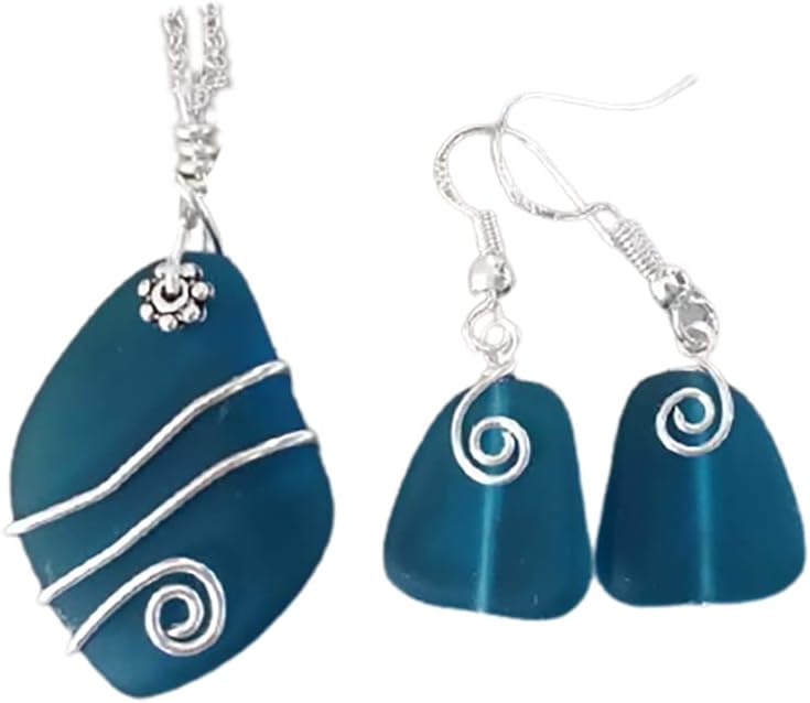 Handmade jewelry from Hawaii,wire wrapped teal blue sea glass Necklace+Earrings Set, gift box, sea glass jewelry