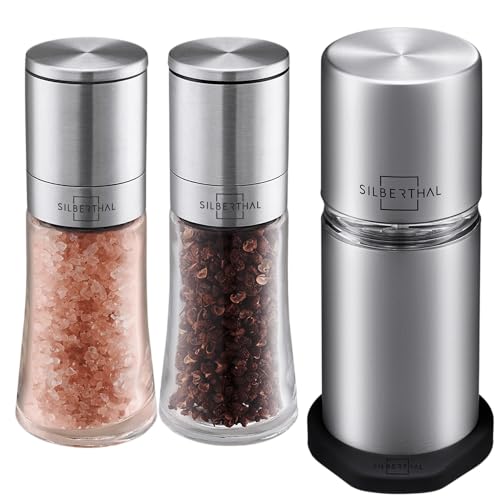 SILBERTHAL Set de moulins à épices avec mouture réglable – acier inoxydable – râpe à muscade avec moulin à sel et moulin à poivre – moulin à muscade