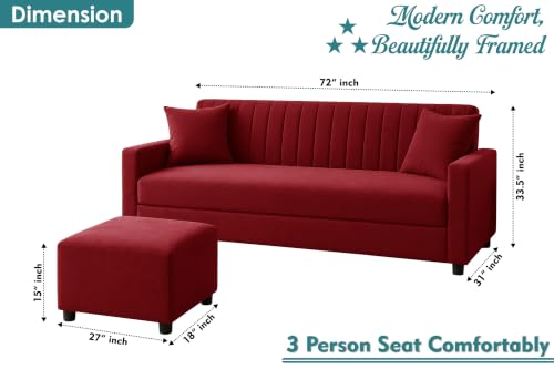 Image of 3 Seater Wooden Sofa Set with Ottoman for Living Room | Premium Velvet Fabric Wooden Frame | Modern Design | Comfortable Cushioned Sofafor Home, Office & Lounge | Red